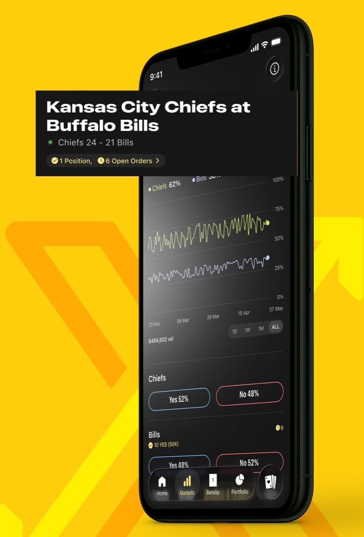 A market in the STX app: the event, its price chart and Yes and No prices